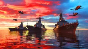 Illustration de la montée en puissance militaire du Japon face aux menaces en Indo-Pacifique, générée par intelligence artificielle.