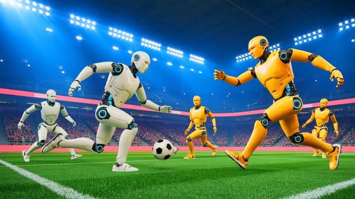 Illustration de robots humanoïdes jouant un match de football entièrement autonome. Image réalisée par IA.