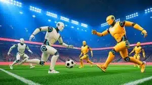 Illustration de robots humanoïdes jouant un match de football entièrement autonome. Image réalisée par IA.