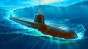 Illustration de sous-marin moderne en mer de Chine méridionale, créée par intelligence artificielle.