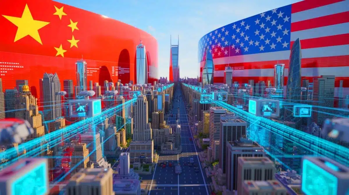 Illustration de la compétition technologique entre la Chine et les États-Unis dans le domaine de l'intelligence artificielle. Image réalisée par IA.
