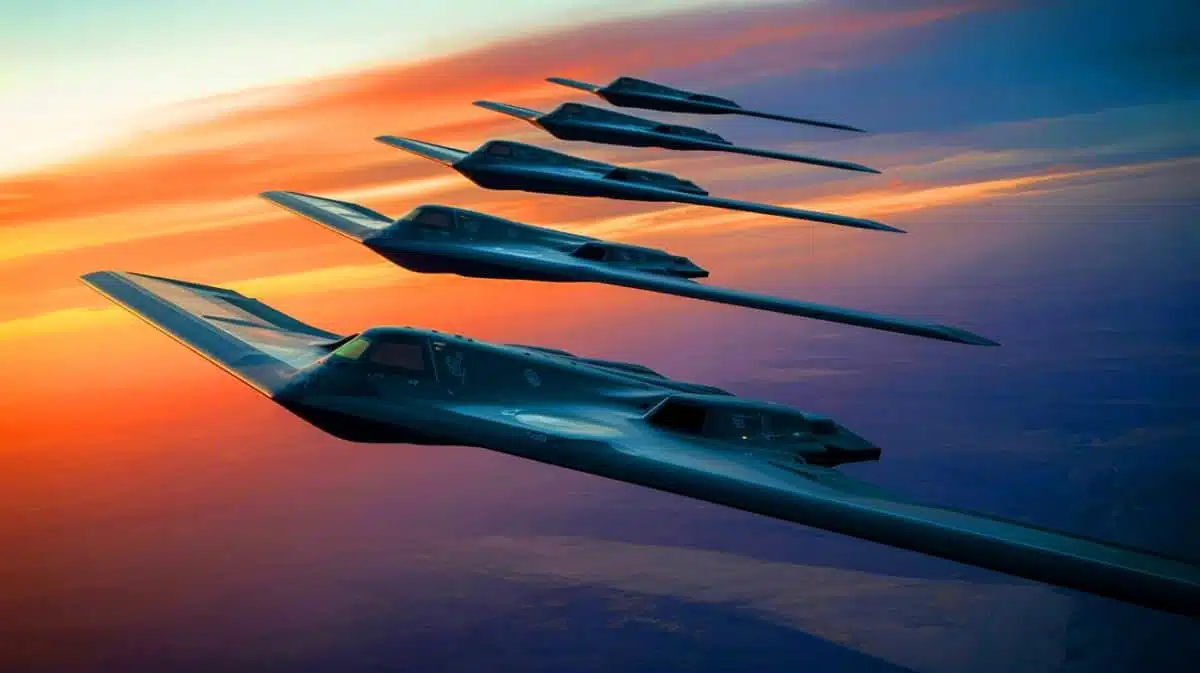 Illustration de la flotte de bombardiers furtifs B-21 Raider des États-Unis dans un contexte de défense militaire stratégique. Image réalisée par IA.