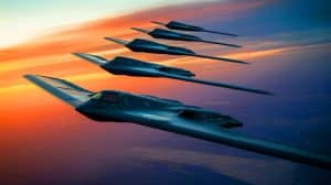 Illustration de la flotte de bombardiers furtifs B-21 Raider des États-Unis dans un contexte de défense militaire stratégique. Image réalisée par IA.