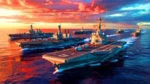 Illustration de la stratégie de renforcement de la flotte navale américaine face à la montée en puissance chinoise, générée par intelligence artificielle.