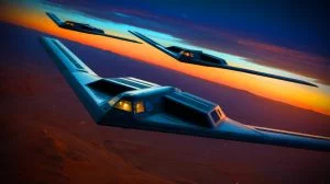 Illustration de bombardiers B-2 américains frappant des sites nucléaires en Iran. Image réalisée par IA.