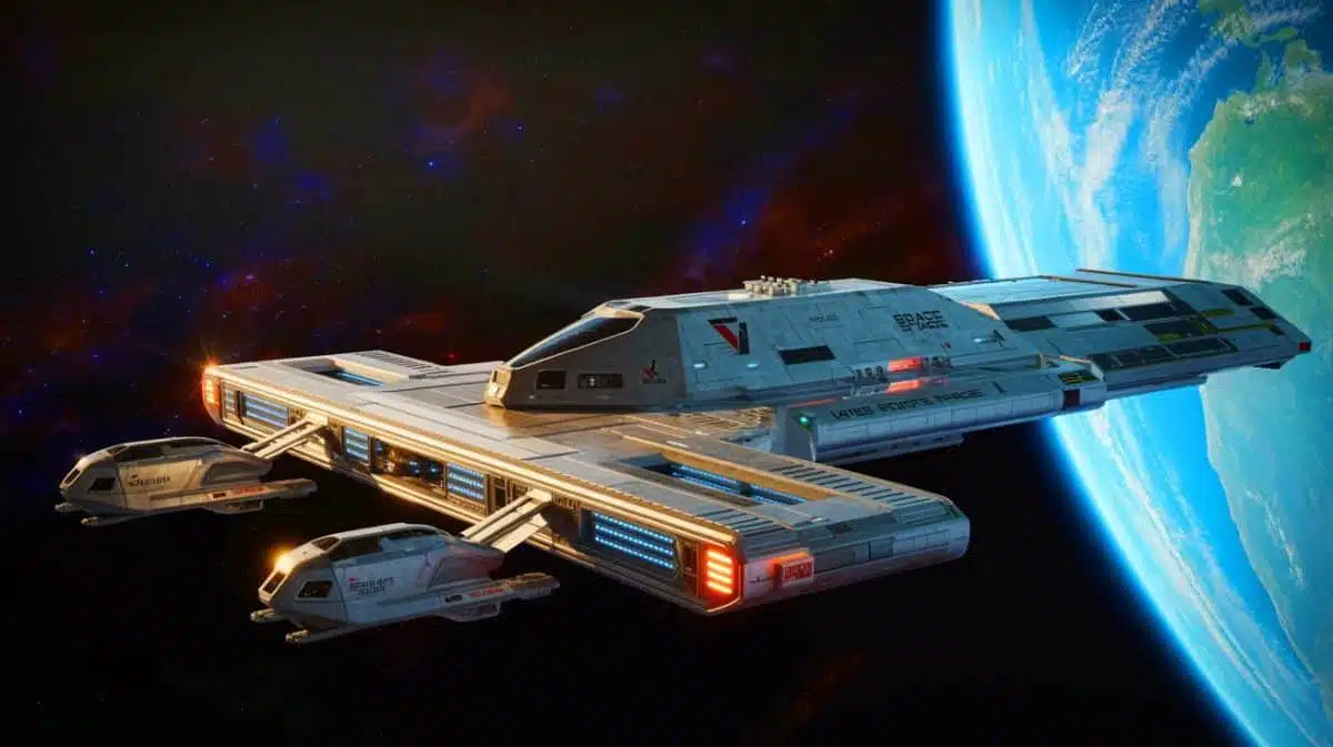 Illustration de la mise en orbite d'un porte-vaisseau spatial par la Space Force, générée par intelligence artificielle.