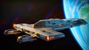 Illustration de la mise en orbite d'un porte-vaisseau spatial par la Space Force, générée par intelligence artificielle.