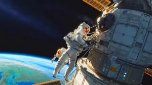 Illustration de la Station spatiale internationale confrontée à une fuite d'air dans le module Zvezda, générée par intelligence artificielle.