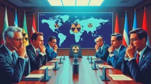 Illustration de l'escalade des tensions nucléaires et de la course aux armements, générée par intelligence artificielle.