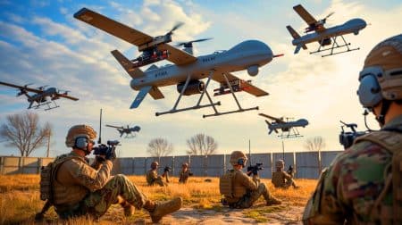 Illustration de l'entraînement militaire pour drones kamikazes de première personne à Camp Atterbury, générée par intelligence artificielle.