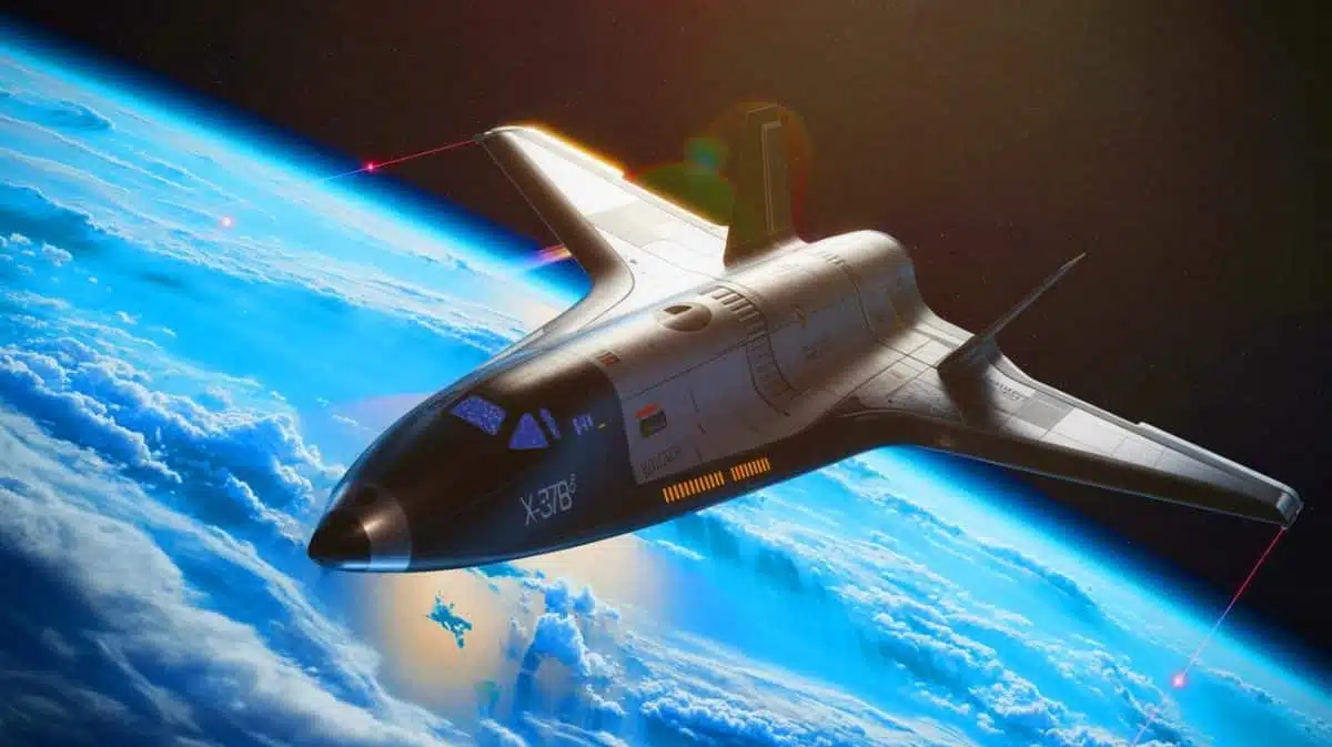 Illustration de l'avion spatial X-37B de la Space Force lors de son atterrissage à la base Vandenberg.