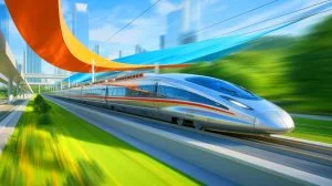 Illustration de la compétition ferroviaire mondiale, mettant en avant le train chinois CR450, générée par intelligence artificielle.