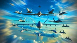Illustration de l'essor des drones remplaçant les avions de chasse pilotés, générée par intelligence artificielle.