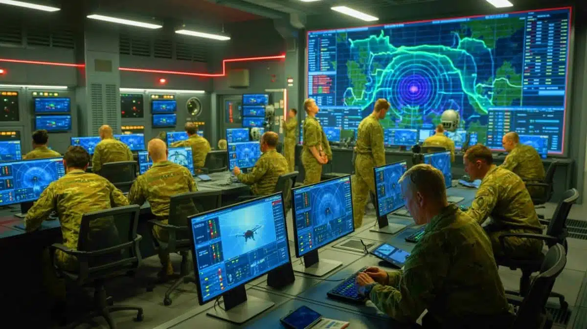 Illustration de la transformation moderne de la guerre avec l'utilisation de technologies de guerre électronique, générée par intelligence artificielle.