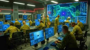 Illustration de la transformation moderne de la guerre avec l'utilisation de technologies de guerre électronique, générée par intelligence artificielle.