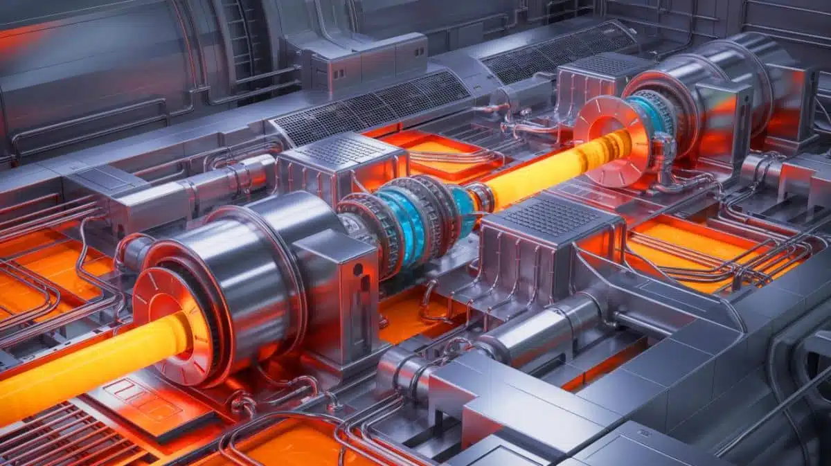 Illustration de la pompe à induction électromagnétique utilisée dans les réacteurs nucléaires, générée par intelligence artificielle.
