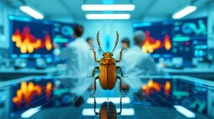Illustration de l'innovation chinoise en capteurs infrarouges inspirée par le scarabée du feu, générée par intelligence artificielle.