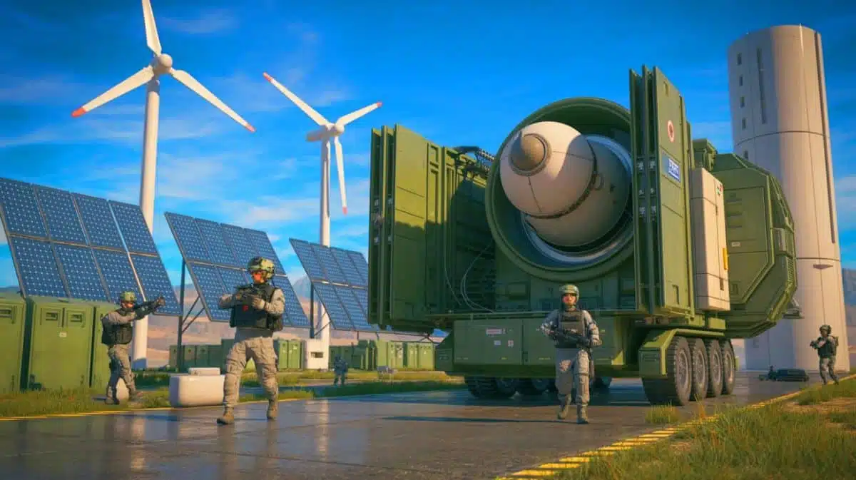 Illustration de l'utilisation de petits réacteurs modulaires pour l'approvisionnement énergétique des armées modernes. Image réalisée par IA.
