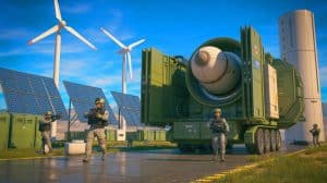 Illustration de l'utilisation de petits réacteurs modulaires pour l'approvisionnement énergétique des armées modernes. Image réalisée par IA.