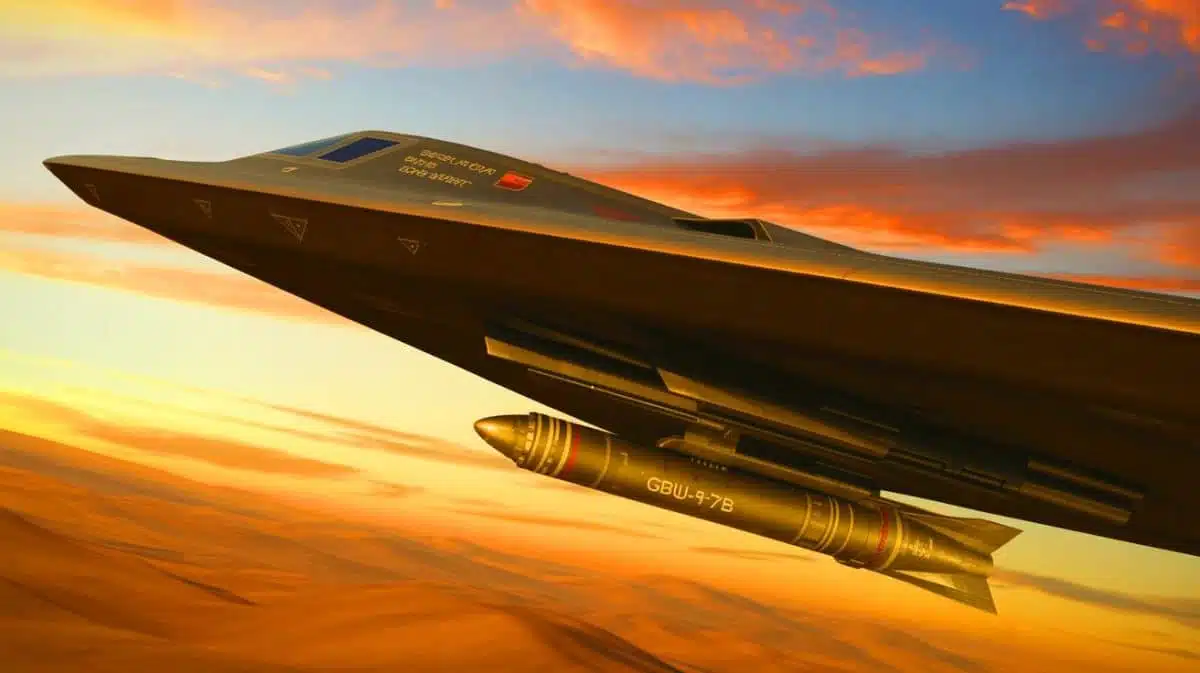 Illustration de la bombe GBU-57/B en action lors de l'opération Midnight Hammer, créée par intelligence artificielle.