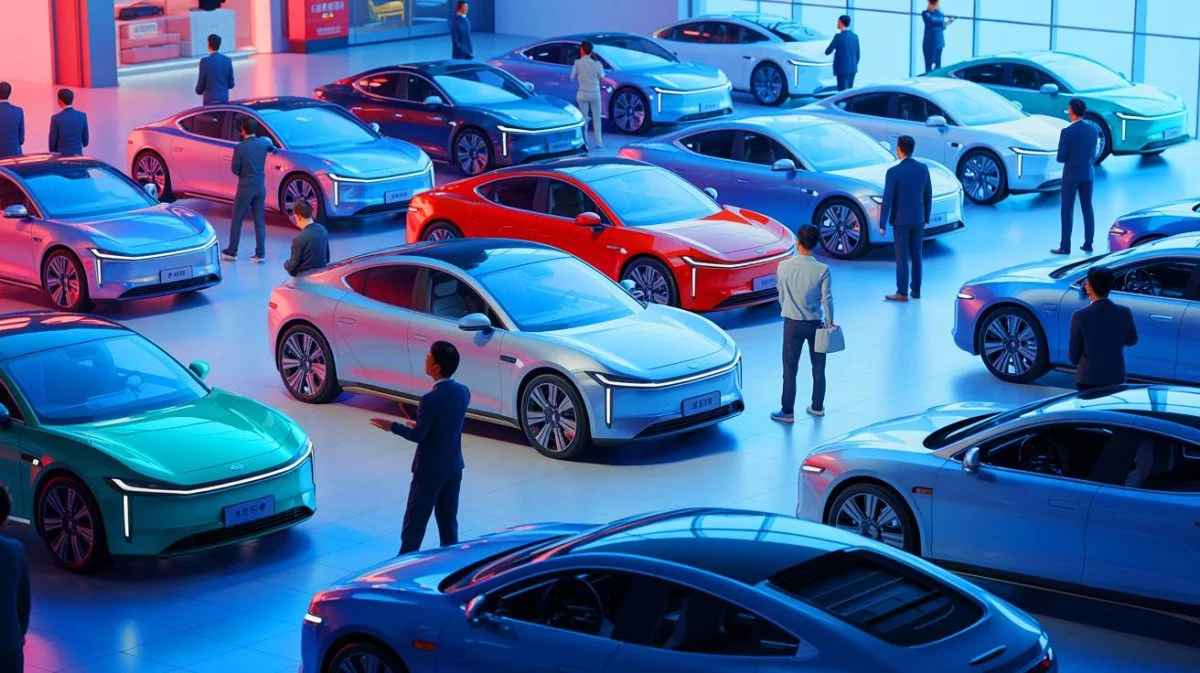 Illustration de l'impact des pratiques commerciales des constructeurs chinois sur le marché des véhicules électriques, créée par intelligence artificielle.