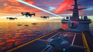 Illustration de l'utilisation de l'intelligence artificielle par la Marine américaine pour améliorer les systèmes d'armes laser contre les drones, générée par intelligence artificielle.