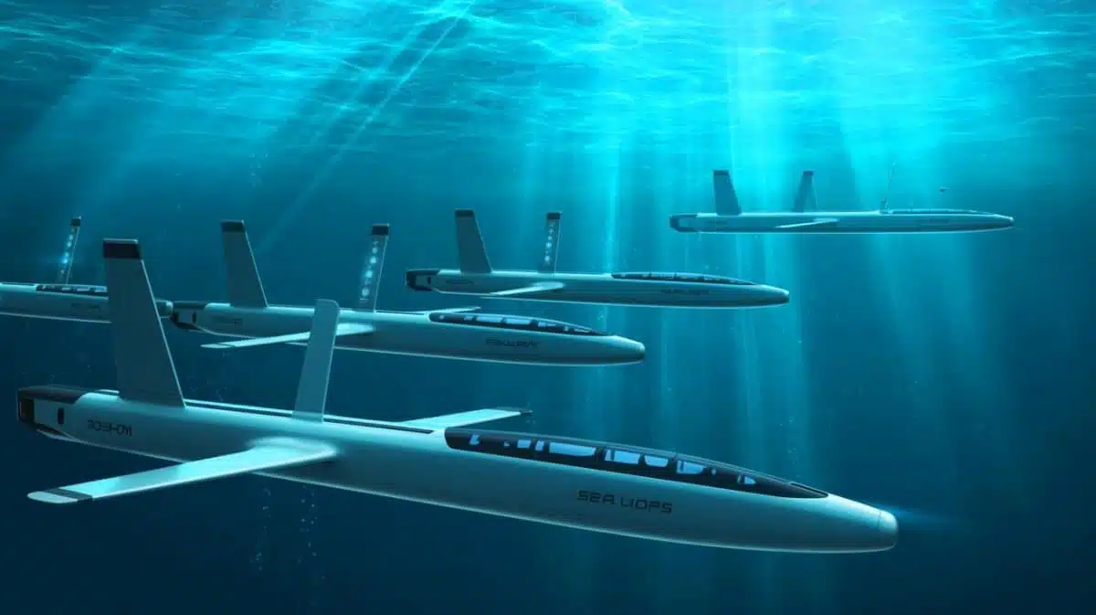 Illustration de l'intégration de l'intelligence artificielle et des planeurs autonomes dans la sécurité sous-marine, générée par intelligence artificielle.