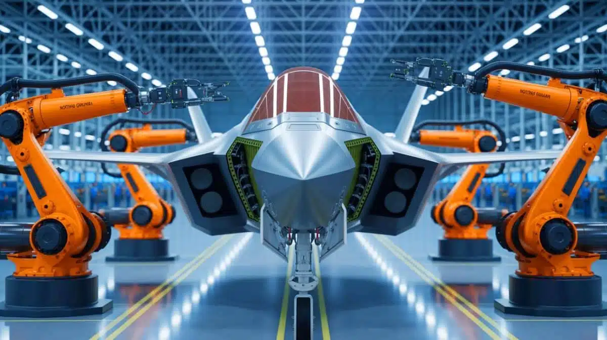 Illustration de la production accélérée des fuselages centraux du F-35 par Northrop Grumman, créée par intelligence artificielle.