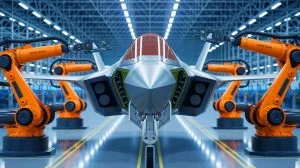 Illustration de la production accélérée des fuselages centraux du F-35 par Northrop Grumman, créée par intelligence artificielle.