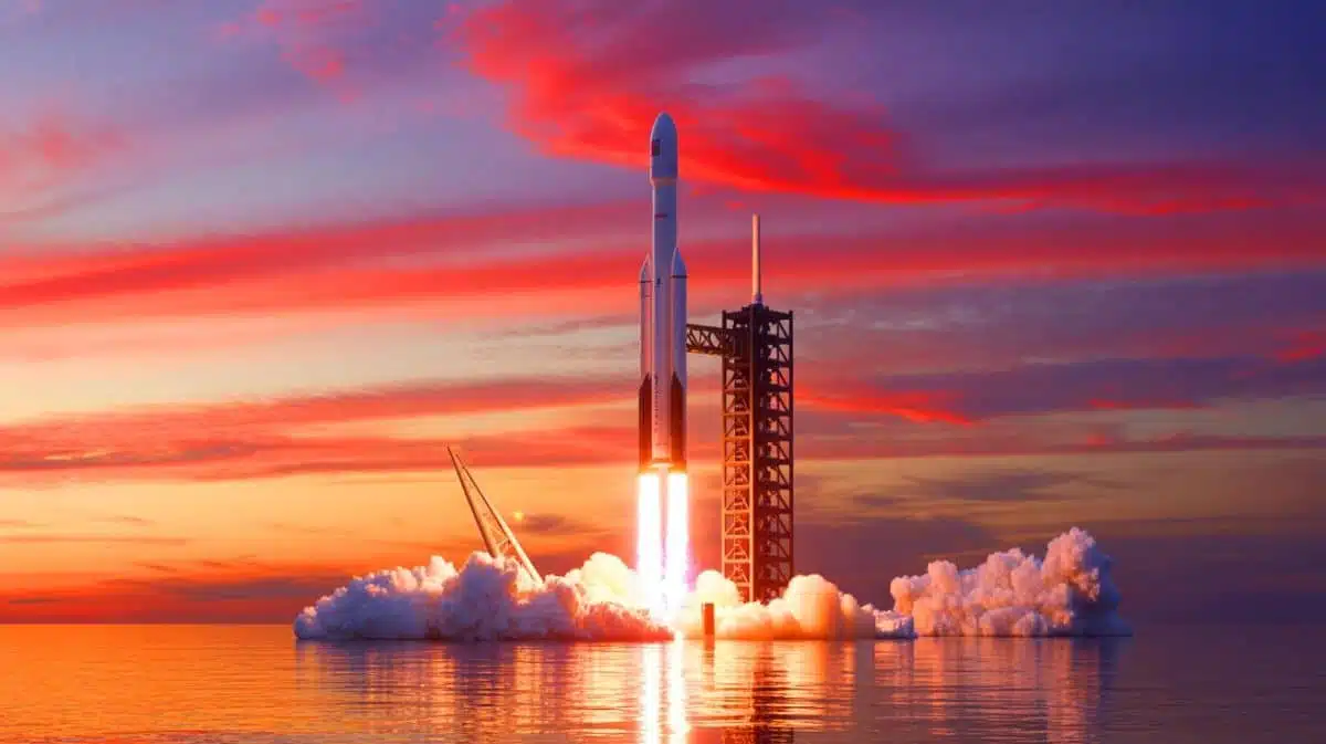 Illustration de la fusée Starship de SpaceX pour des voyages intercontinentaux ultrarapides, générée par intelligence artificielle.