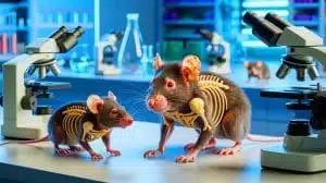 Illustration of mice with Neanderthal DNA exhibiting changes in skeletal structures, generated by artificial intelligence.