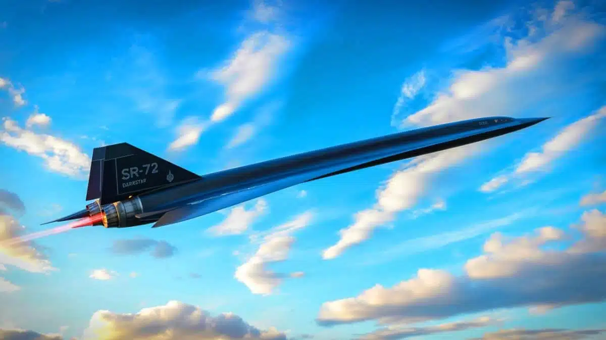 Illustration de l'avion hypersonique SR-72 "Darkstar" en vol, générée par intelligence artificielle.