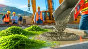 Illustration of innovative low-carbon concrete production using seaweed as an additive, generated by artificial intelligence.