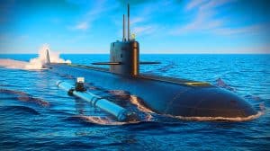 Illustration of the Royal Navy's Astute-class submarine launching uncrewed underwater vehicles, generated by artificial intelligence.