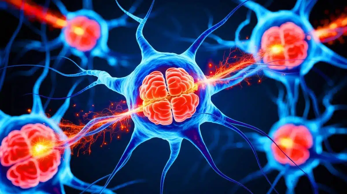 Illustration de cellules cérébrales en surmenage énergétique générant le besoin de sommeil, créée par intelligence artificielle.