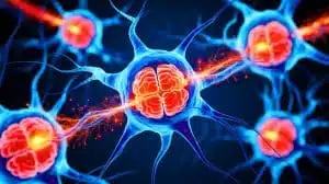 Illustration de cellules cérébrales en surmenage énergétique générant le besoin de sommeil, créée par intelligence artificielle.