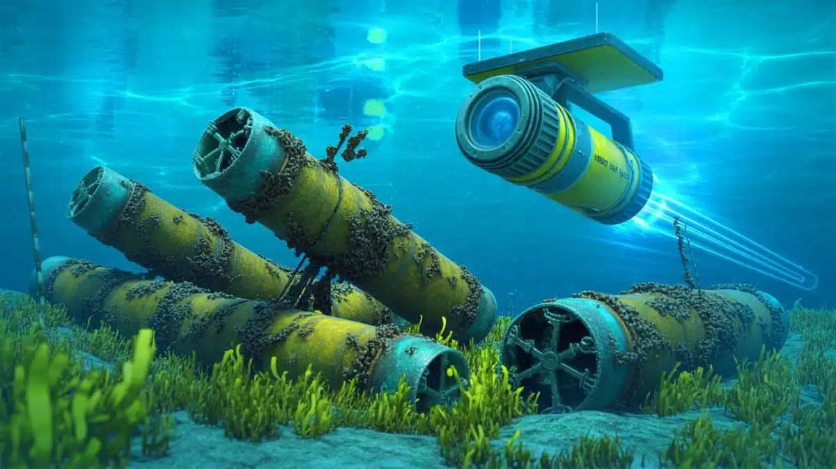 Illustration de la détection des munitions non explosées sous-marines par ondes sonores, générée par intelligence artificielle.