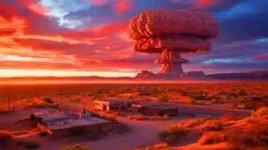 Illustration de l'explosion du test nucléaire Trinity au Nouveau-Mexique, générée par intelligence artificielle.