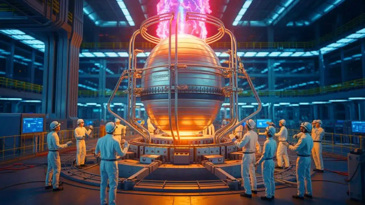 Illustration de la construction du réacteur ITER visant à maîtriser la fusion nucléaire, générée par intelligence artificielle.