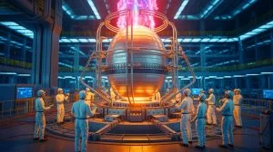 Illustration de la construction du réacteur ITER visant à maîtriser la fusion nucléaire, générée par intelligence artificielle.