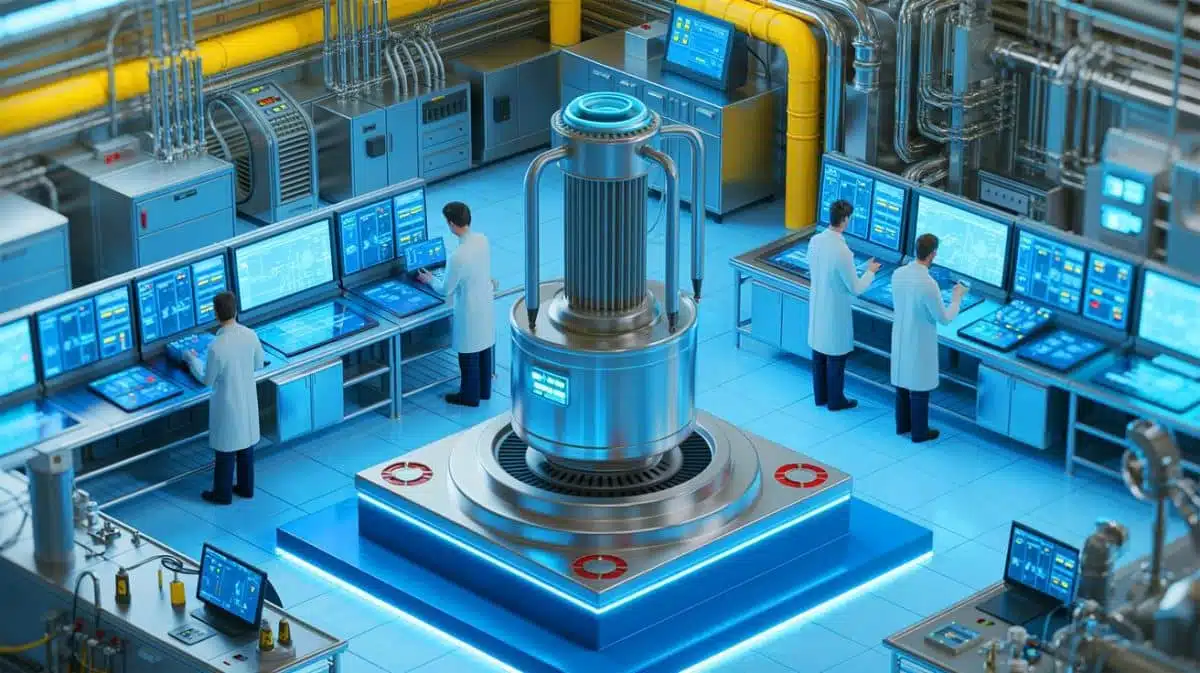 Illustration of an electromagnetic induction pump revolutionizing nuclear reactor technology, generated by artificial intelligence.