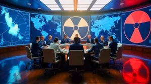 Illustration of escalating nuclear tensions and geopolitical conflicts in a world on the brink of a renewed arms race.
