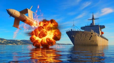 Illustration de l'explosion contrôlée d'un drone naval explosif contre un cargo désaffecté, générée par intelligence artificielle.