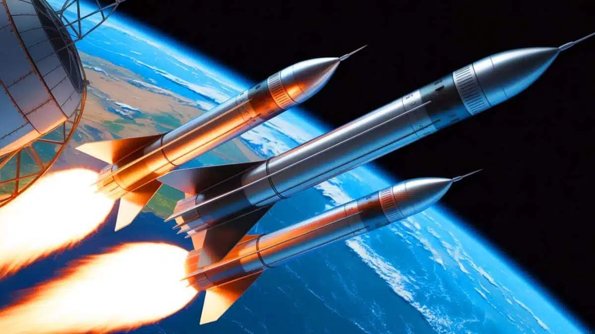Illustration de missiles hypersoniques chinois lancés depuis l'espace, générée par intelligence artificielle.