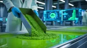 Illustration de la combinaison de la poudre d'algues et de l'intelligence artificielle pour créer un béton écologique, générée par intelligence artificielle.