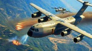 Illustration de l'A400M d'Airbus équipé pour des missions militaires avancées et de lutte contre les incendies, générée par intelligence artificielle.