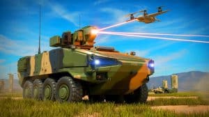 Illustration de la défense aérienne avancée avec un laser monté sur un véhicule Stryker. Image réalisée par IA.