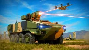 Illustration de la défense aérienne avancée avec un laser monté sur un véhicule Stryker. Image réalisée par IA.
