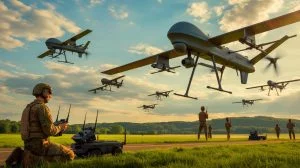 Illustration of a "Top Gun" school for first-person kamikaze drones at Camp Atterbury, depicting the Pentagon's initiative for American drone dominance.