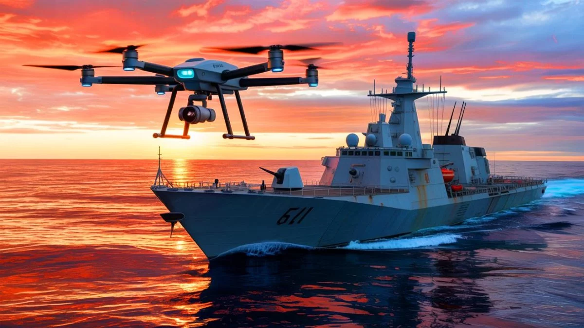 Illustration of the French Navy testing FPV UAVs for the self-defense of surface ships, generated by artificial intelligence.